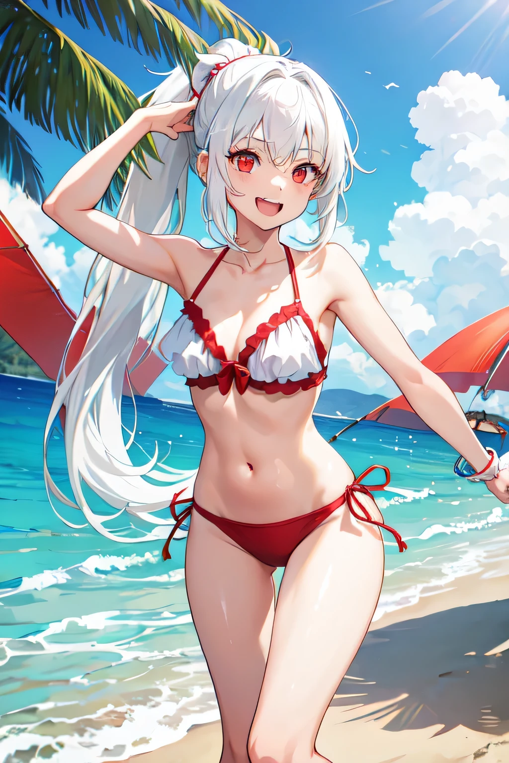 1girl,20y.o,using beach wear,white hair,long hair,ponytail hairstyle,red eyes,beach background, happy expression