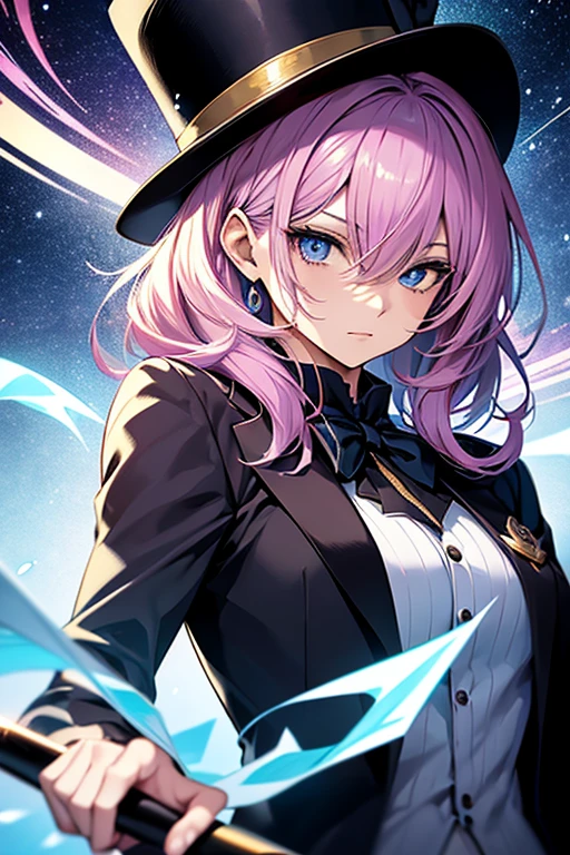 Anime character dressed in tuxedo and top hat with a magic wand, Maga Feminina, cabelo azul longo, Marin Kitagawa Fanart, anime moe artstyle, Magia, Preto - Mago Cabelo, Arte Oficial do personagem, magic uniform, KDA, Retrato completo do elementalista, Gatilho Estilo de Arte de Anime, magia de elenco de bruxa de anime de paquera, Arte Oficial, Mago Celestial Lindo, Arte Zerochan