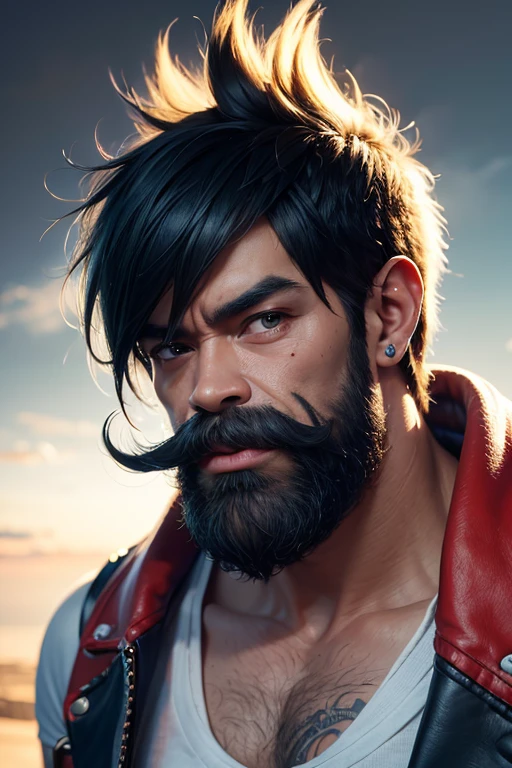 An 8k masterpiece, highest resolution, every detail, meticulous detail, depth of field, bright colors, beautiful composition,realistic skin,: 1man with mustache,gorillaz art,.