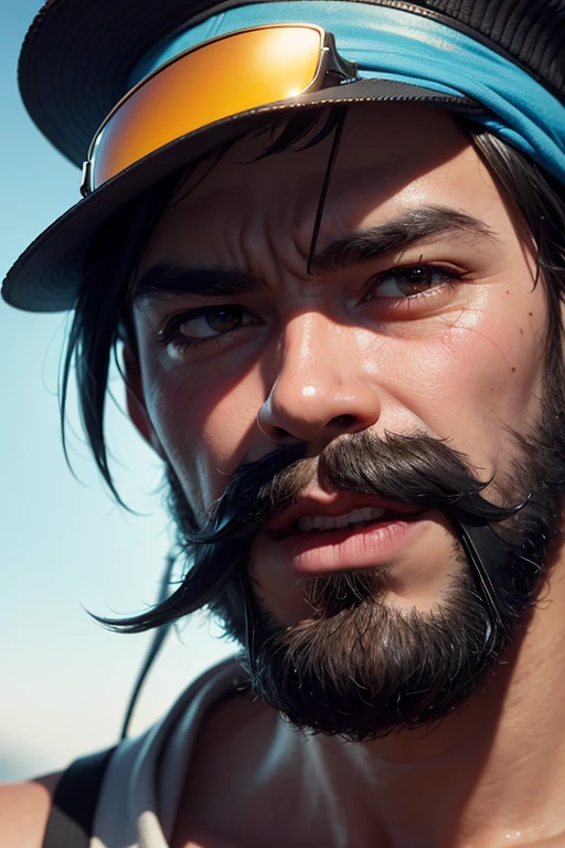 An 8k masterpiece, highest resolution, every detail, meticulous detail, depth of field, bright colors, beautiful composition,realistic skin,: 1man with mustache,gorillaz art,.
