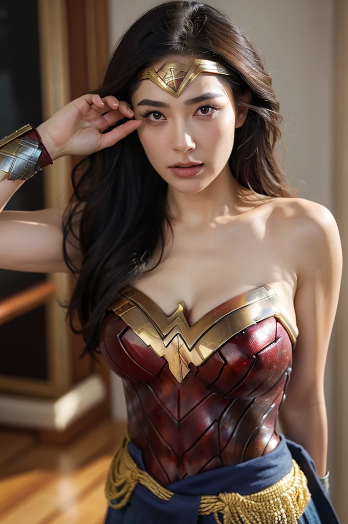 beautiful detail, best quality, 8k, highly detailed face and skin texture, high resolution, long hair huge tits japanese wonder woman, looking at viewer, sharp focus