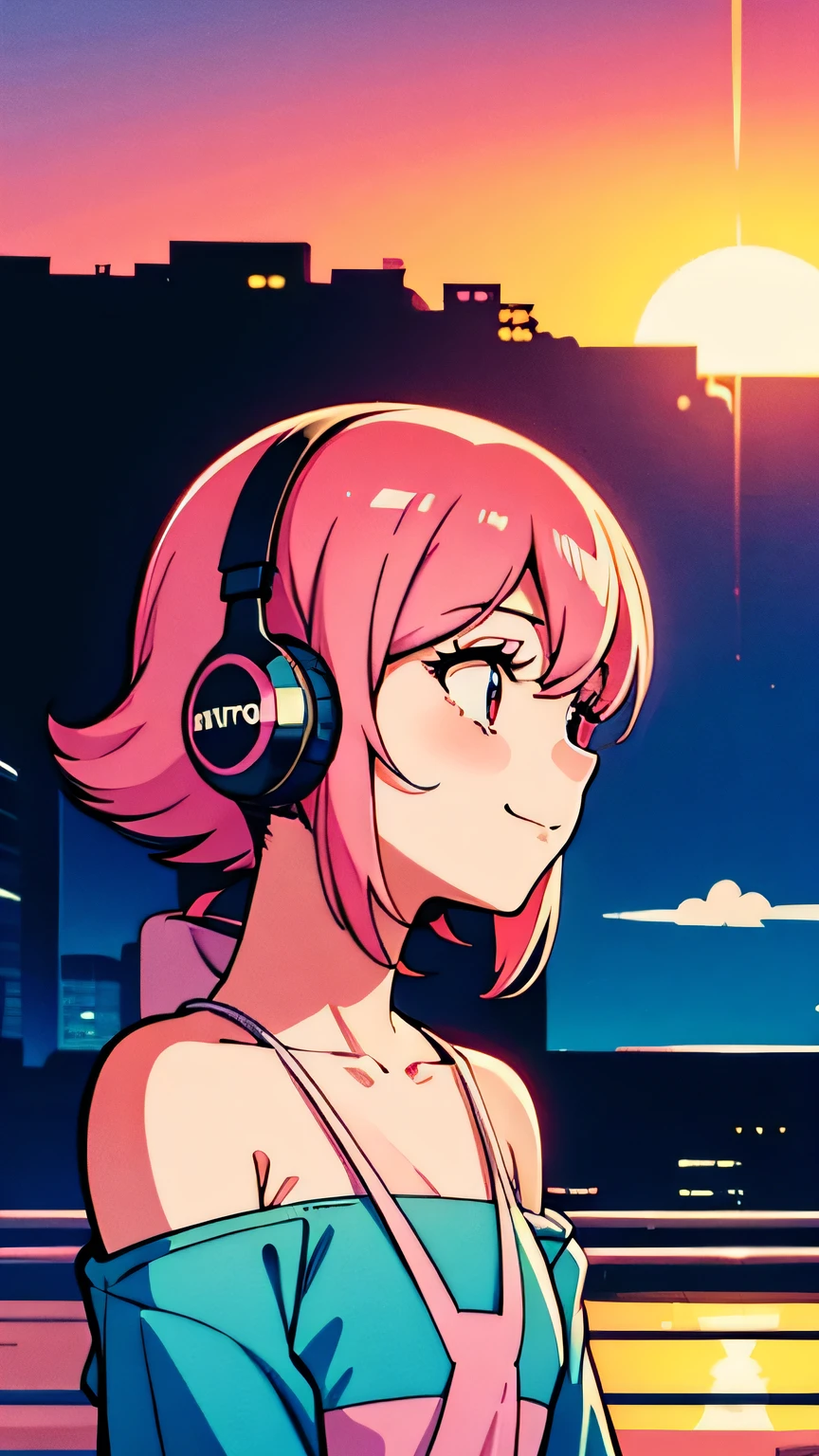 City Pop style, girl, Pink Hair, shoulder length, alone, wearing headphones, Futuristic yet lofi, retro, vintage, Ghost, light smile, look up, sunset beach
