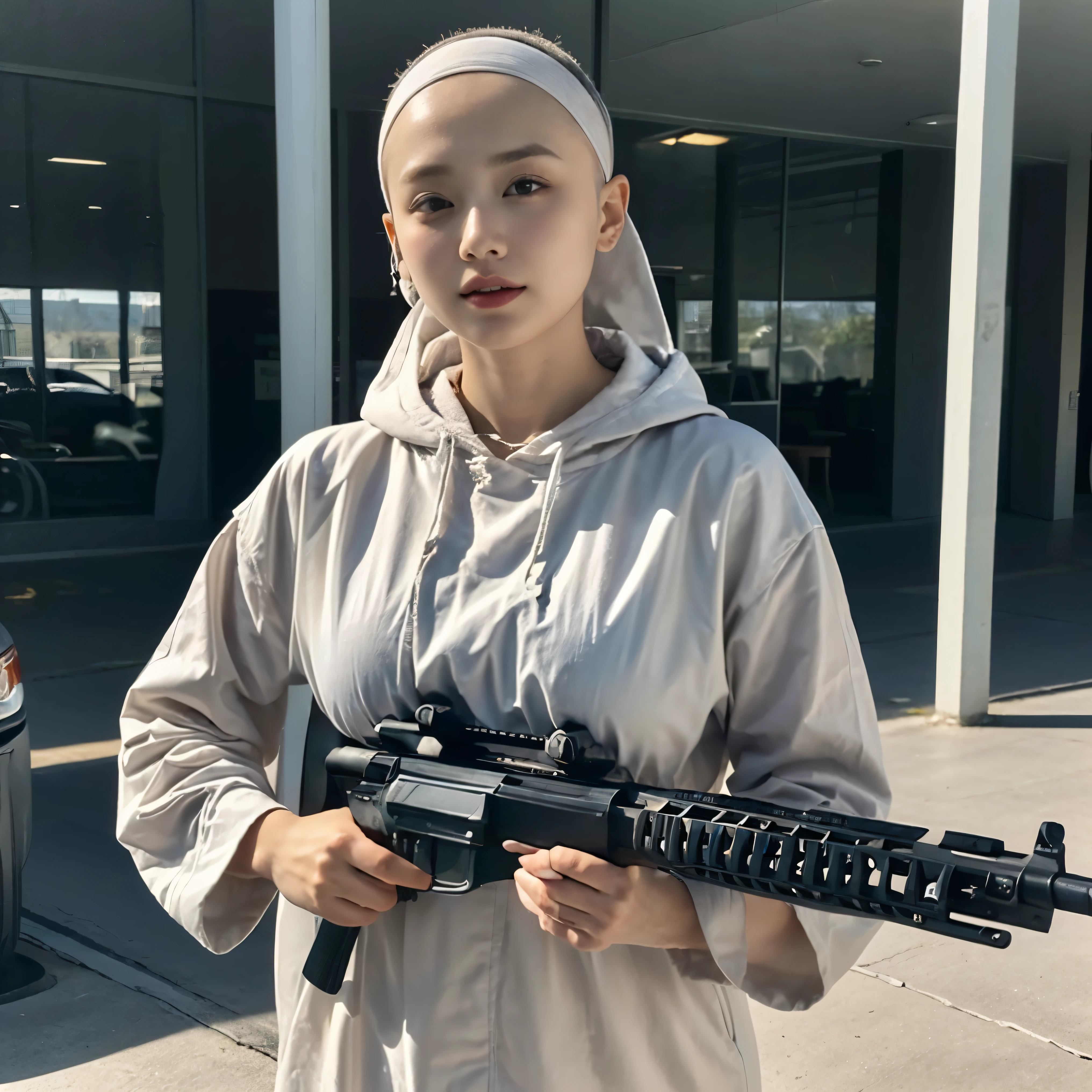 A beautiful nun、Lingerie except for the hood、Cowboy Shot、Big Breasts、(Skinhead:1.5)、(Aiming an assault rifle at the viewer:1.67)