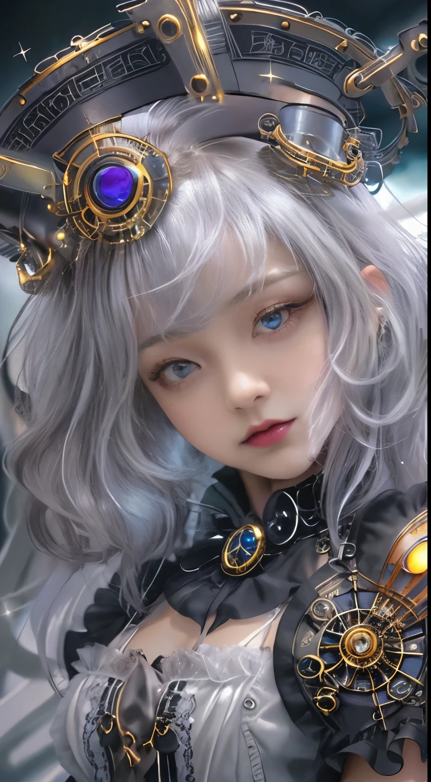 (((Masterpiece, top quality, ultra-detailed))), (((1 Infinity Mage Girl))), , (((very detailed face))), small thin nose, small thin-lipped mouth, (((very sharp focused eyes))), very large slit precision pale grey eyes, sparkling like jewels, Very long eyelashes, Very thick fringes, long black hair in black vertical curls, cinematic lighting, ((Steampunk fashion, Gothic Lolita fashion)).