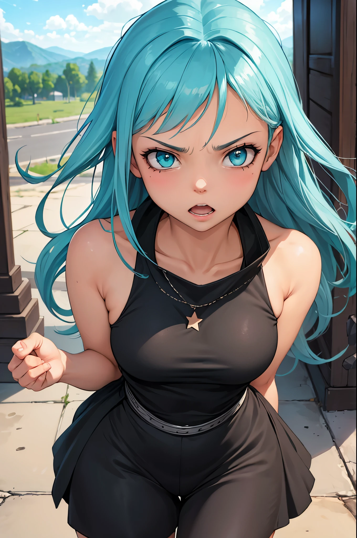 (masterpiece, best quality:1.2), expressive eyes, perfect face, highres, (female:1.5), 1girl, solo, black_star_soul_eater, blue hair, green eyes, long hair, worried face, blushing, open mouth, standing, cowboy shot, looking at the viewer