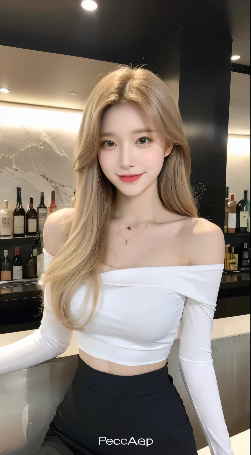 A superb exquisite real beautiful girl, golden long curly hair, extremely exquisite facial features, peerless beautiful girl, collarbone off-the-shoulder, white crop top shirt, black JK skirt, exposed legs, sweet smile, soft, dreamy quality, light white and dark brown, exaggerated facial features, solid color, frank off-white, surreal, blue gemstone necklace, ultra-clear, beautiful young girl, cute and lively, super short leggings, background at the bar counter