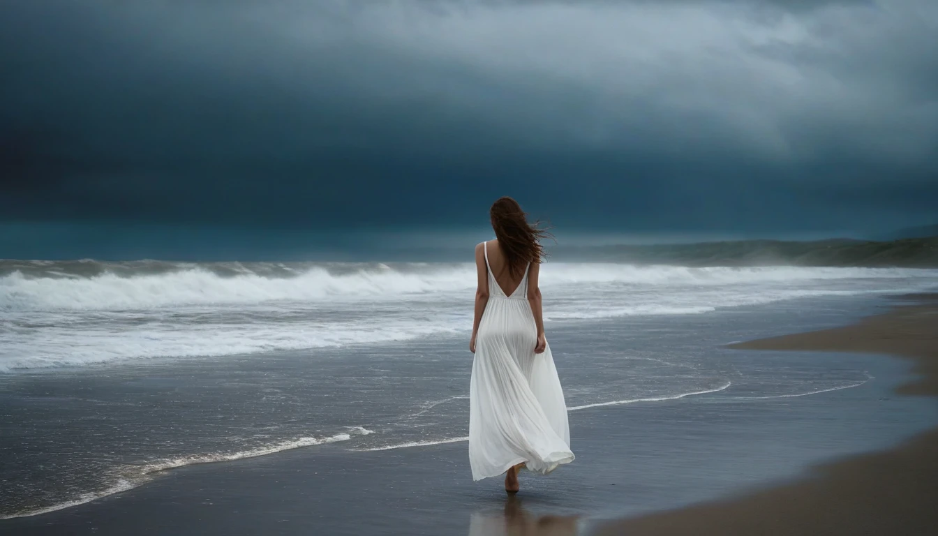 A lonely woman in a long white dress, backwards, walking in the distance, in a stormy rainy beach,dark clouds,delicate detailing,subtle texture,soft-focus effect,soft shadows,minimalist aesthetic,gentle illumination,elegant simplicity,serene composition timeless appeal,visual softness,extremely high quality high detail RAW color photo,professional lighting,sophisticated color grading,sharp focus,soft bokeh,striking contrast,dramatic flair,depth of field,seamless blend of colors,CGI digital painting,cinematic still 35mm,CineStill 50D,800T,natural lighting,shallow depth of field,crisp details,hbo netflix film color LUT,32K,UHD,HDR,film light,panoramic shot,breathtaking,hyper-realistic,ultra-realism,high-speed photography,perfect contrast,award-winning phography,directed by lars von trier