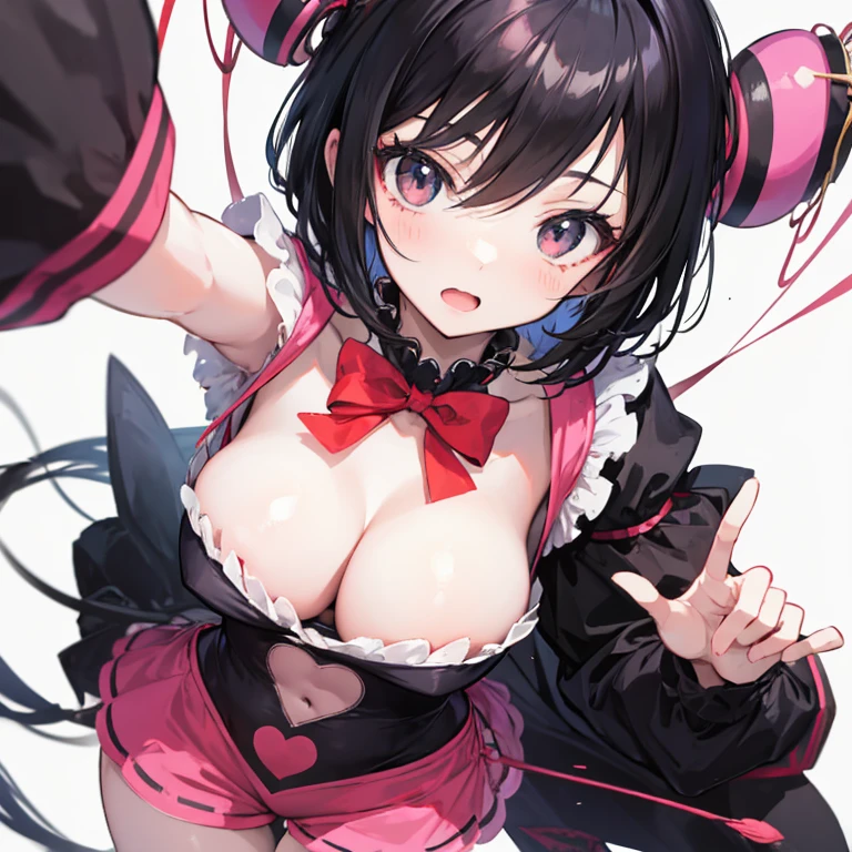 black hair anime girl, black eyes, sarcastic expression, wearing a circus jester clothes