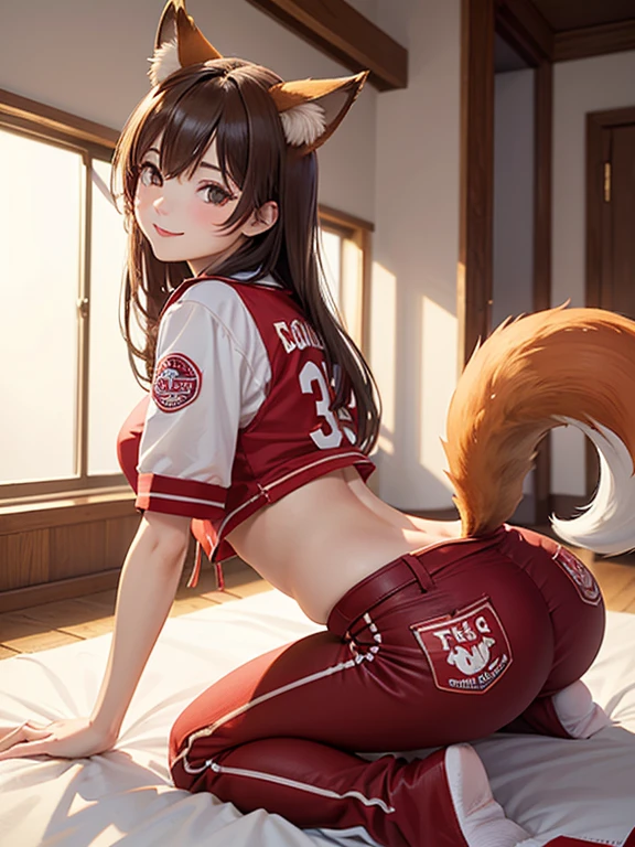 ((highest quality, 32k)), ((masterpiece)), (Familiar), Perfect Face, Fox woman, Beautiful woman, public, Has a tail, She has a fluffy tail, She has a red fox&#39;s tail., She wags her tail, smile, bell collar, She&#39;s wearing a Hooters uniform, Beautiful Hips, Big Butt, Big tail, A tail sticks out from inside the pants, Turn around on all fours