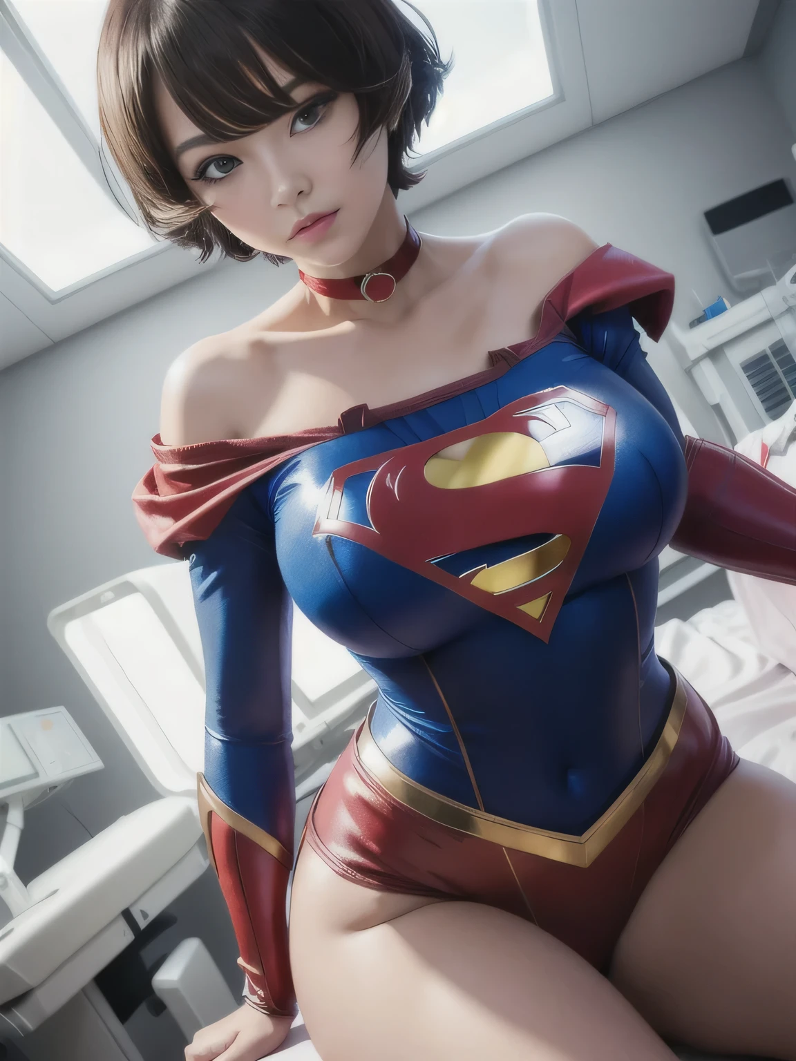masterpiece、Enamel Supergirl Costume、Short Hair、Hospital operating table、Crisis situation、Big and ample breasts、looking at the camera、Shiny、Off the shoulder、choker、Long sleeve、Red exy poses to seduce、Sweaty、Model Body Type、Alluring、charm、Enchanting、abused、test subject、victim、Wild、