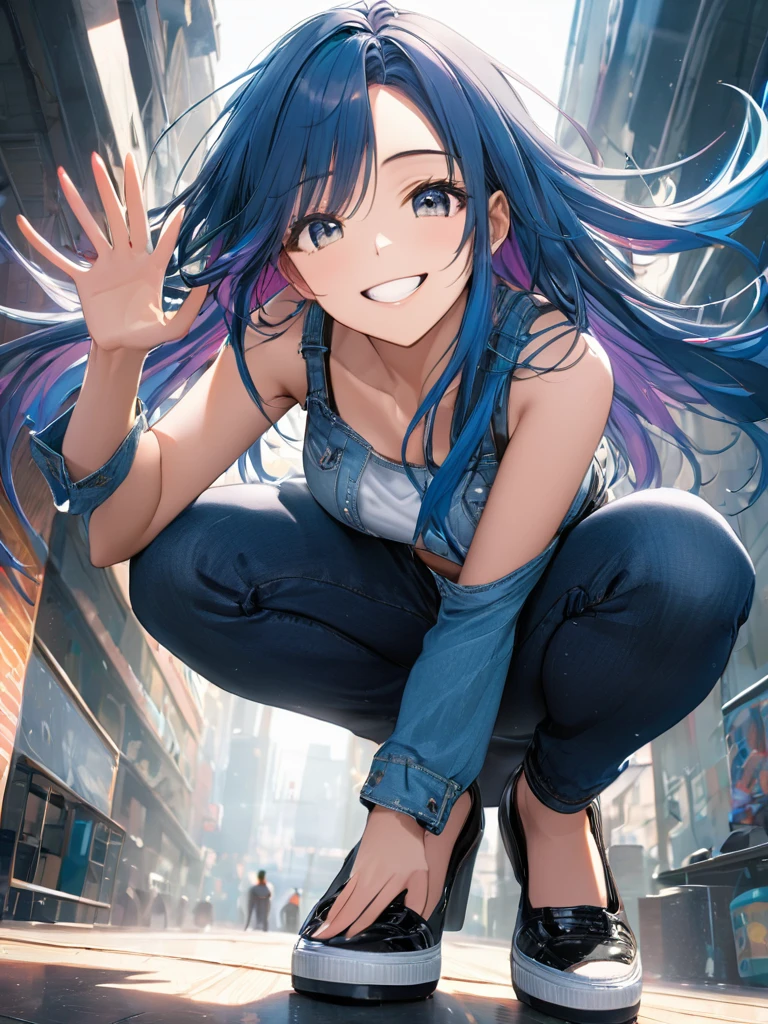 (full body:1.1), from below, (masterpiece:1.2)), (best quality),(ultra detailed),(extremely detailed),(absolutely resolution) ,absurdres,8k, 1girl, grin, ultra detailed eyes, long hair, multicolored hair, tanktops, jeans, squatting, waving hands,