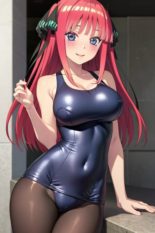best quality, ultra-detailed masterpiece, anime art style, cute characters, nino nakano, one-piece swimsuit, large breasts, pantyhose, blush, smile