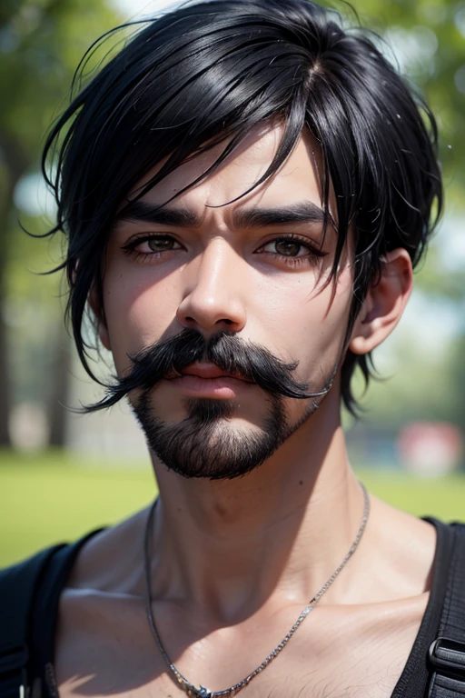 An 8k masterpiece, highest resolution, every detail, meticulous detail, depth of field, bright colors, beautiful composition,realistic skin,: 1man with mustache,emo,black hair,emo hair,gorillaz art,.