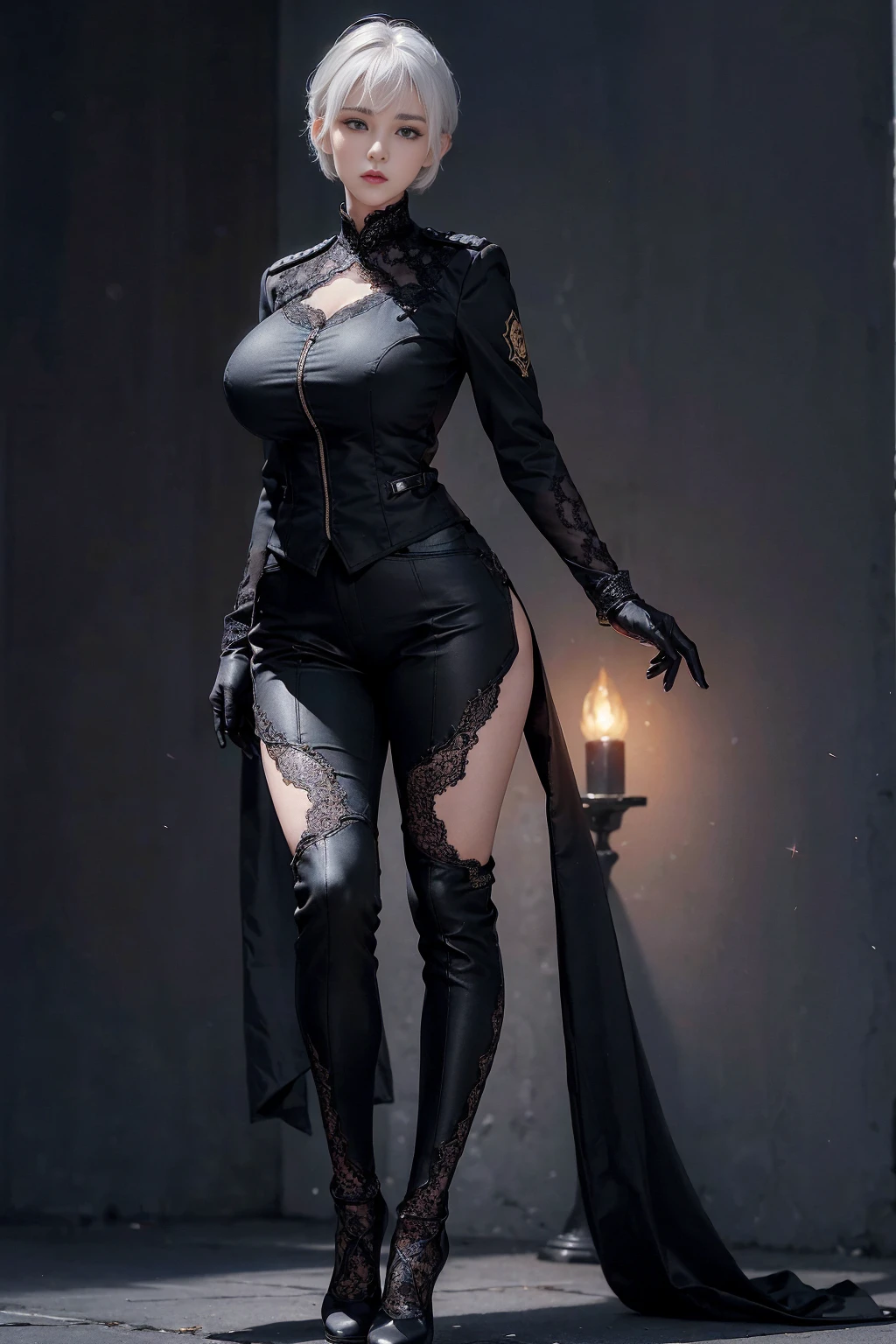 ((1 Full body single woman)) ,(Shooting from front and middle), looking at the camera, centered image, tmasterpiece，A high resolution, Absolutely beautiful, facing to the camera, Tall and fit body，(big breast : 1.3), white short hair with updo, (full coverage black lace uniform, Embroidery uniform, decorated uniform and tight pants, Exquisite details of the uniform and tight pants, black lace stockings, warrior, black gloves, show black heels, (lace) uniform, allure：white hair, short hair (hair behind the body), young adult,（Tall：1.5），Rich scene detail，In the midst of the war，standing.