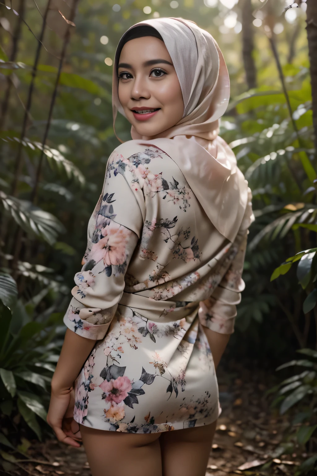 (sonrisa feliz), (((MALAY GIRL HIJAB))), mesa, alta calidad, HD 32K, cara realista, Realistic skin feel , una dama japonesa, 8 years, , Very cute and baby-like face., (((pecho plano))), (Noche en el bosque), ((Look straight into the camera and SADNESS)), ((())), (((pretty girl))), ((labios rojos)), ((Floral pattern)) poco usando sujetador sin tirantes, sujetador colorido sin tirantes, Fondo de noche oscura , noche del bosque negro, lugar aterrador de terror (from back to top) pose seductora