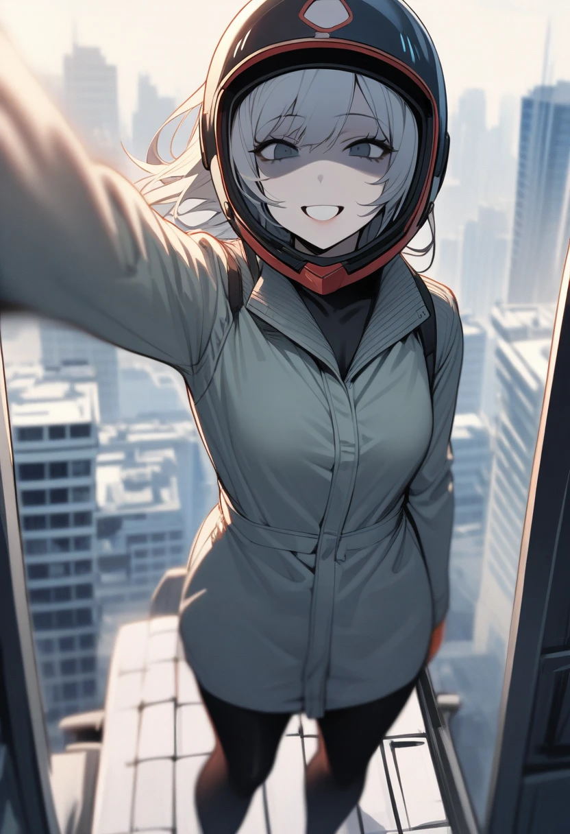 1 Woman, alone, woman standing on the roof of a skyscraper, woman taking a selfie on the roof of a building, (selfie:1.3), helmet, fear, pale face, smile, irrationality, strong wind, motion blur , speed line, skyscrapers, high quality, high detail,
