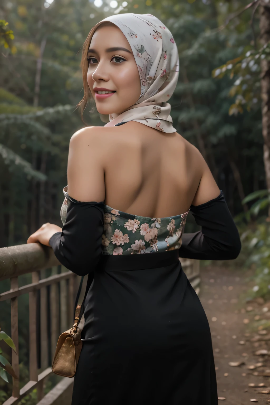 (sonrisa feliz), (((MALAY GIRL HIJAB))), mesa, alta calidad, HD 32K, cara realista, Realistic skin feel , una dama japonesa, 8 years, , Very cute and baby-like face., (((pecho plano))), (Noche en el bosque), ((Look straight into the camera and SADNESS)), ((())), (((pretty girl))), ((labios rojos)), ((Floral pattern)) poco usando sujetador sin tirantes, sujetador colorido sin tirantes, Fondo de noche oscura , noche del bosque negro, lugar aterrador de terror (from back to top) pose seductora