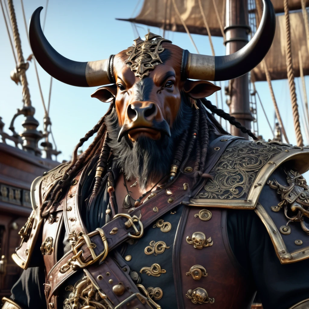 ultra realistic photo, fantasy character portrait of a ox pirate with pointy horns standing on his pirate ship, the ox pirate is very muscular and highly detailed, it's very armoured, high resolution, dramatic lighting, 8k, intricate ornate details, pirate ship background
