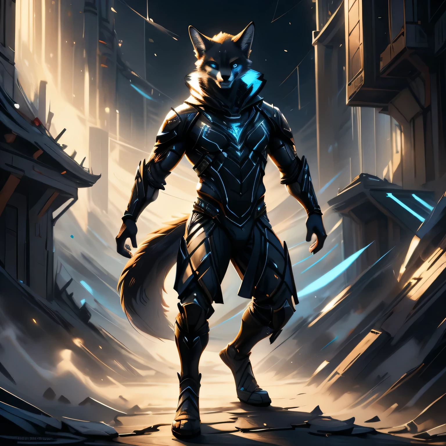 Anthro, fox, male, detailed, realistic, sci-fi, fantasy, near futuristic, digitigrade, digitigrade footwear, chest armor, spandex clothing, reinforced spandex, speed harness, slim, blue and black clothing, subtle lightning on feet, blue eyes, veins glowing blue