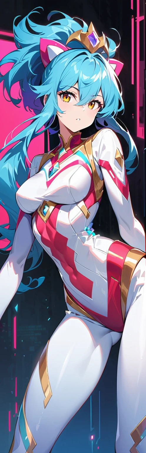 ((Masterpiece, Best Quality)), illustration, ultra-detailed 8K, realistic, clear focus, highly detailed, professional lighting, colorful details, rainbow colors BREAK factory super long shot, (1 large mechanical robot), microchip, computer, luminescence, intricate details, shitu-mecha, 1girl downscale standing in front of the viewer, navel