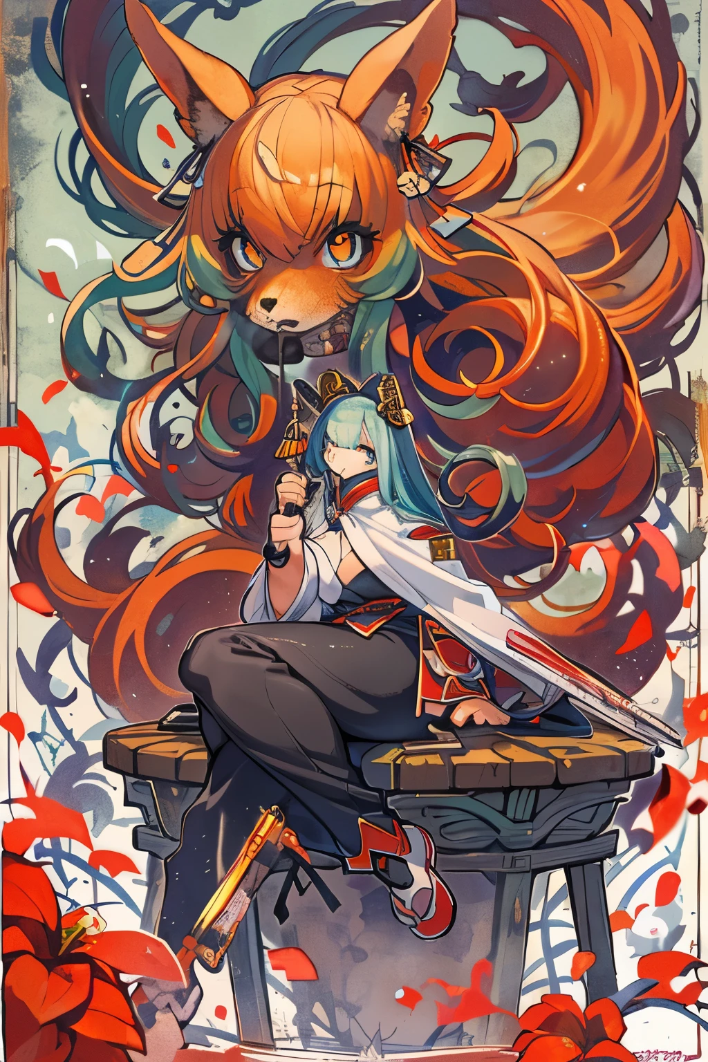 (Mythical Beast), Nine-tailed Fox, Dynamic body shape, (Chinese monster), Handsome, Ink splash, Chinese, 1 Girl, ((whole body), ((2.5D)), Flowing hair, beautiful eyes, Delicateeyes, Delicate silhouette, Fantasy Art, (Black and red antique damask hum), field of view, (On the table), front Photo, Profile portrait, White background, (Movie Posters), sharp, splash, cloud, petal, empty, Sky, (Wide-angle lens), vista