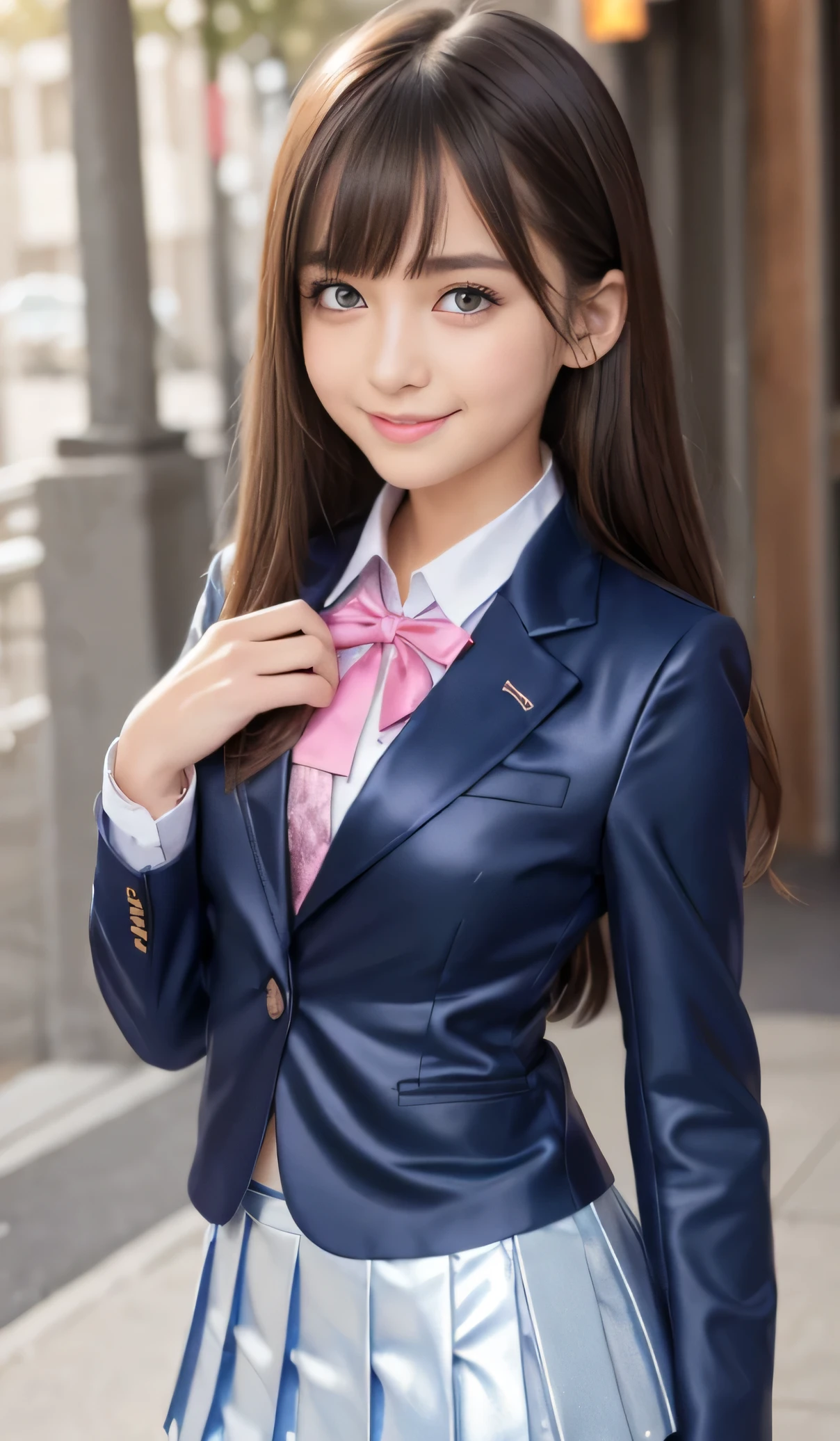 Angelic Very beautiful cute young girl, Beautiful detailed eyes, Detailed double eyelids, (Large eyes:1.3), Long straight brown hair, see-through bangs, beautiful detailed face and eyes, small straight nose,(14 yo:1.3),
smiling, BREAK (super shiny metallic dark blue blazer:1.4),(metallic pearl white school blouse:1.3),(shiny metallic bright pink neck ribbon tie:1.2),(super shiny metallic pink pleated skirt :1.4),(school uniform with super reflective surfaces:1.5),(Very beautiful cute girl:1.2), Very beautiful cute young girl, Beautiful detailed eyes, Detailed double eyelids, (Large eyes:1.3), Long straight brown hair, see-through bangs, beautiful detailed face and eyes, laughing, super shiny dark blue pleated skirt:1.1),break
(Very beautiful cute girl, Beautiful detailed eyes, Detailed double eyelids:1.3), (Soft Saturation: 1.3), (Fair skin: 1.4), (Large eyes:1.4), break
Very beautiful cute girl, Sharp Focus, brown hair, Very beautiful cute girl, Raw photo, High resolution, perfect detail, Professional Photography, Professional Lighting, strong lighting,
break
(smile:1.6)