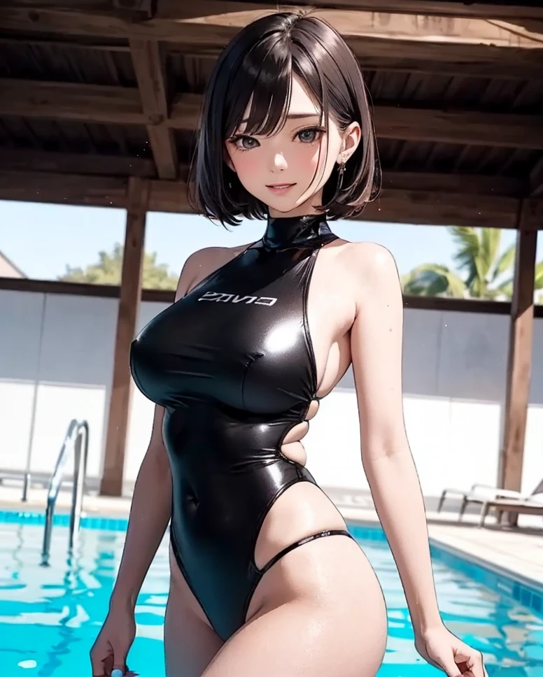 ​masterpiece, Finest quality、(A woman about 40 years old:1.6)、Outstanding smile、Huge breasts、Shorthair、Bangs REAK、 (Glossy matte metallic swimsuit in dark random color, Ultra-thin smooth fabric swimsuit, competition swim suit, White), Oily skin, Heated pool、Indoor swimming pool、3/4 body view、