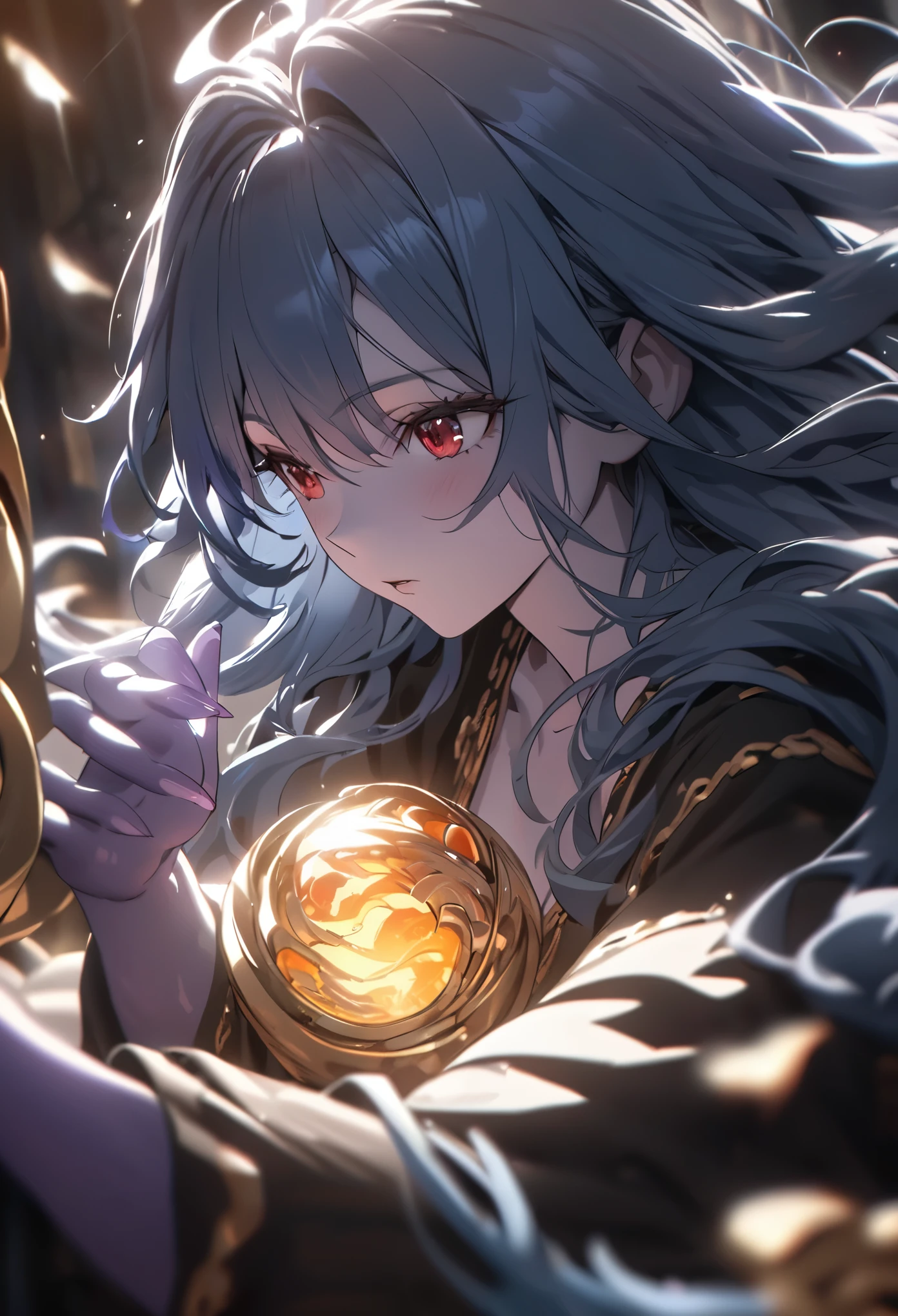 (solo), blue hair, messy hair, mane hair, extra long hair, dense hair, wild hair, expressive hair, mature, woman, (30 year old), fish-woman, gills, ((purple skin)), red eyes, wearing a blue and black suit, beautiful, attractive, eye reflection, depth of field, water powers, golden aura,cinematic lighting, ray tracing, depth of field, cinematic lighting, ray tracing, UHD, high details, best quality, highres, high quality, award winning, super detail, masterpiece, 8k, UHD, high details, best quality, highres, high quality, award winning, super detail, masterpiece, 8k, digital art, anime coloring, body shot, perfect hands, nice hands