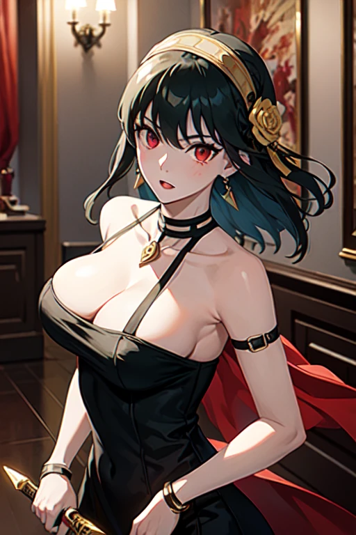 masterpiece, yor, 1girl, solo, long hair, looking at viewer, large breasts, black hair, hair ornament, red eyes, gloves, dress, holding, bare shoulders, jewelry, weapon, flower, sidelocks, hairband, earrings, black gloves, hair flower, fingerless gloves, holding weapon, black dress, blood, knife, short hair with long locks, holding knife, dagger, blood on weapon, holding dagger, gold hairband, 