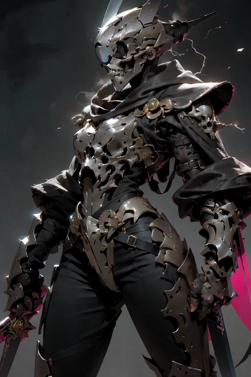 (cuerpo completo femenino), posing epically with a sword, {(In the background there is an explosion of black color)}, puesto una armadura imponente, armadura cuerpo completo, (armor helmet is shape of a skull, (armadura de color negro)), Panoramic, armadura puntiagudas, espada enorme, puesto una capa de color rojo, armadura cuerpo completo, (sin mostrar piel, no mostrar rostro). mirando al espectador, The atmosphere is gloomy, sombras, lightning, super detallado