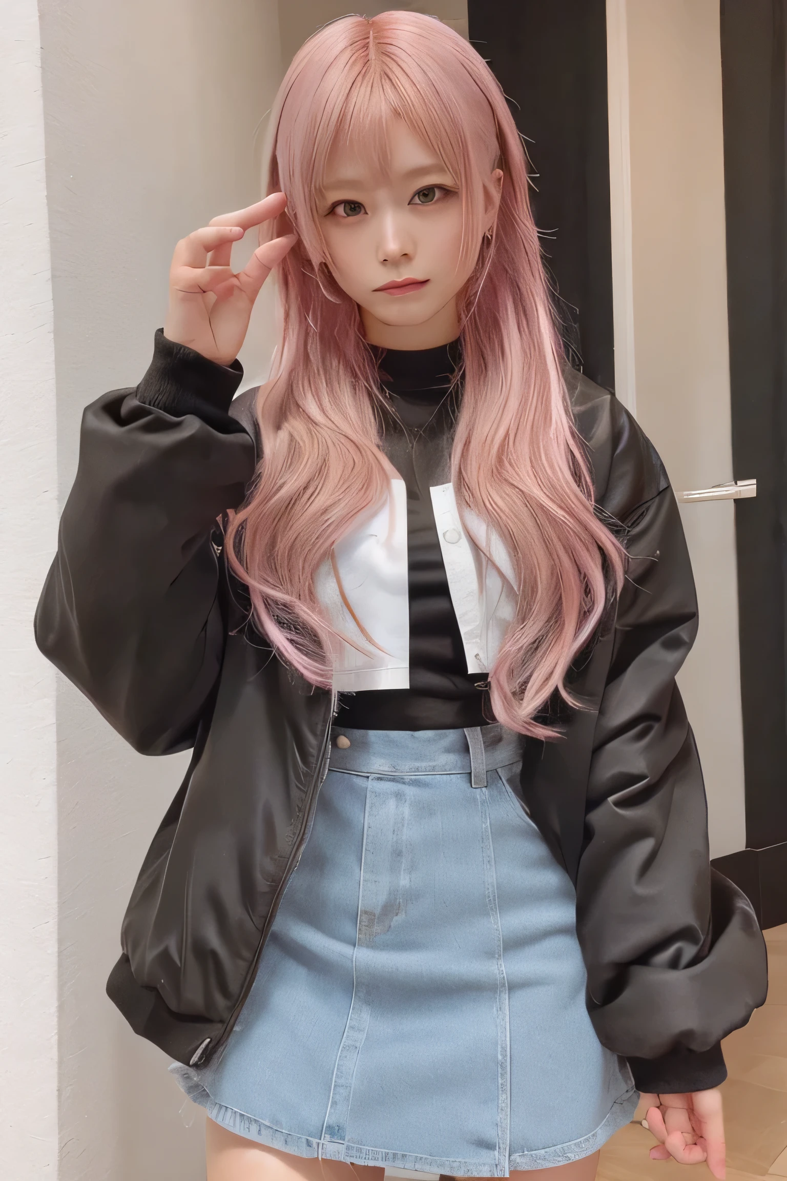 There is a woman wearing a black jacket.,Pink Hair, piece,Photos of women in techwear, ,Denim mini skirt, wearing japanese techwear, Y2K Style,, Y2K Style, She wears streetwear, e - girl, egirl, Wearing cyberpunk streetwear, Wearing a jacket and skirt,Raising the right arm,Cute woman,,Beautiful Face,