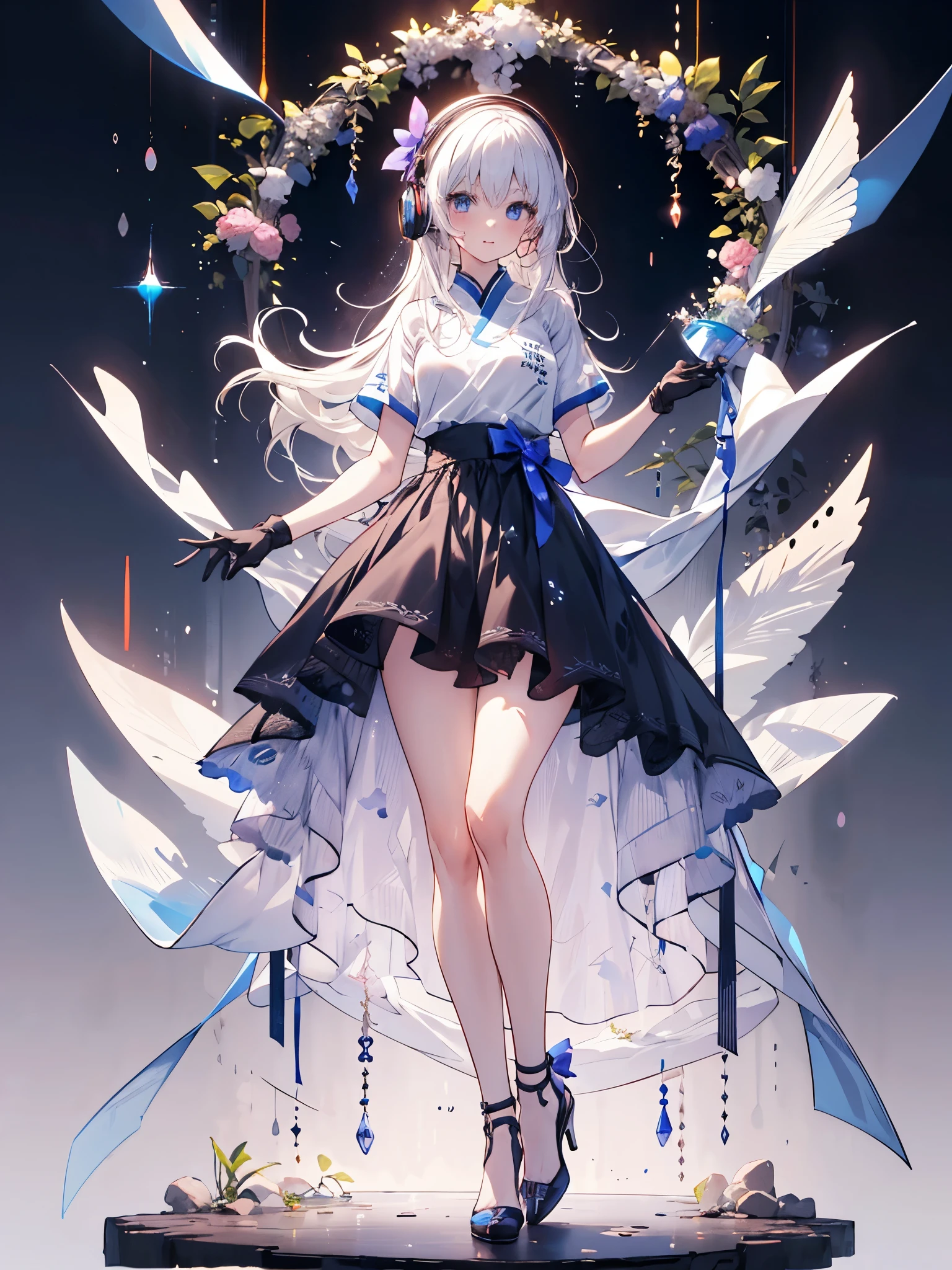 earphone，Headset，Sportswear，Long hair，Girl，blue eyes，White头发，Sleeved gloves，Hand Silk，White，High heel，good quality, absurd, Super detailed, holographic,, Dynamic poses, Golden Ratio, 超级Lovely女孩, Mature girl, extremely beautiful,，With super beautiful purple eyes, Super beautiful white hair, Glowing skin,, Good and harmonious , Slender and delicate figure, Perfect body, 穿着White短上衣, Lovely，Full body shot，Long hair，shoes，Black skirt, Short sleeve, Black gloves,,Fade the background,Full body photo of the individual,cartoon，t-shirt，Eyes with highlights，Leg ring