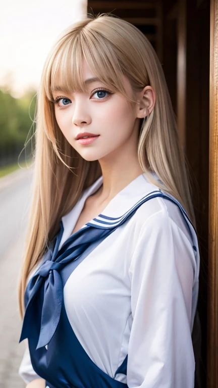 ((Whole body 1.4))、極めてbeautifully、A beautiful Nordic blonde girl with a mysterious glow.、 Super long straight silky hair、Very beautiful shining pretty face、beautifully輝く白い肌、Glowing cheek highlight、beautifullyて可愛いセクシーな淡いブルーの目、Big double eyelid eyes、beautifully、Very long、Shiny, silky, straight pale blonde hair、Sexy 18 year old、A cute beautiful girl with long bangs、The most beautiful Western women in the world、Round face、Adorable appearance、Japanese Sailor Suit、high school girl、