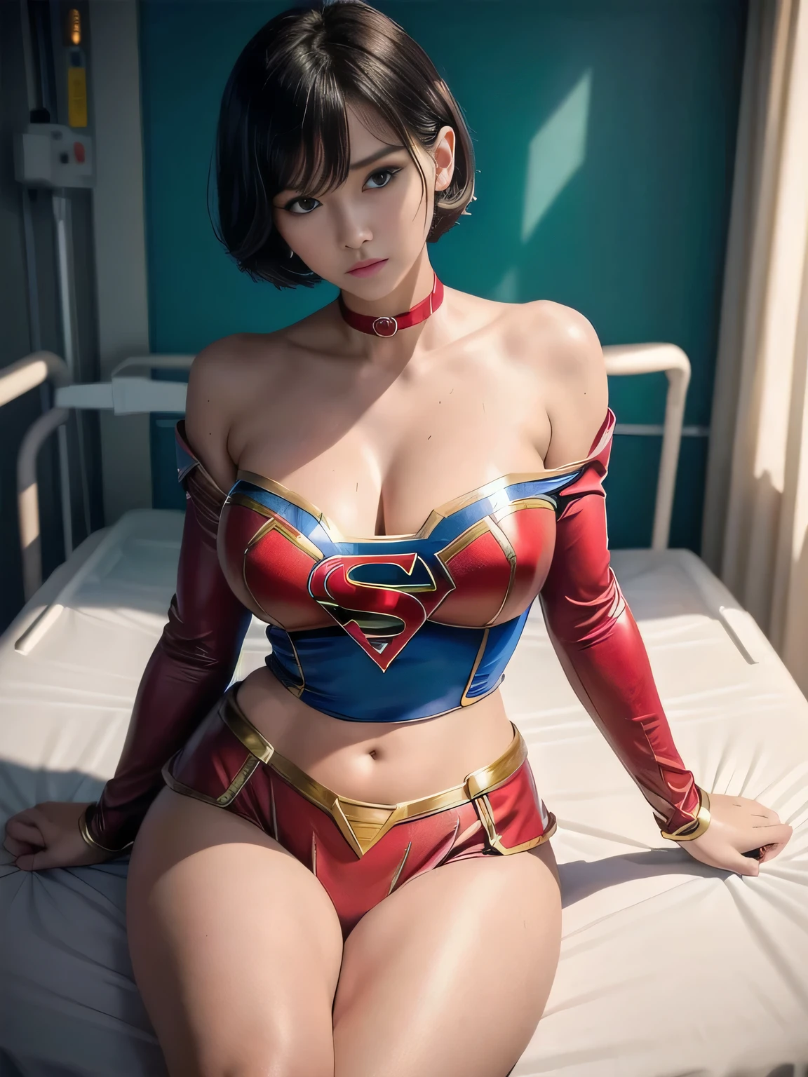 masterpiece、Enamel Supergirl Costume、Short Hair、Hospital operating table、Crisis situation、Big and ample breasts、looking at the camera、Shiny、Off the shoulder、choker、Long sleeve、Red exy poses to seduce、Sweaty、Model Body Type、Alluring、charm、Enchanting、abused、test subject、victim、Wild、Photorealistic、