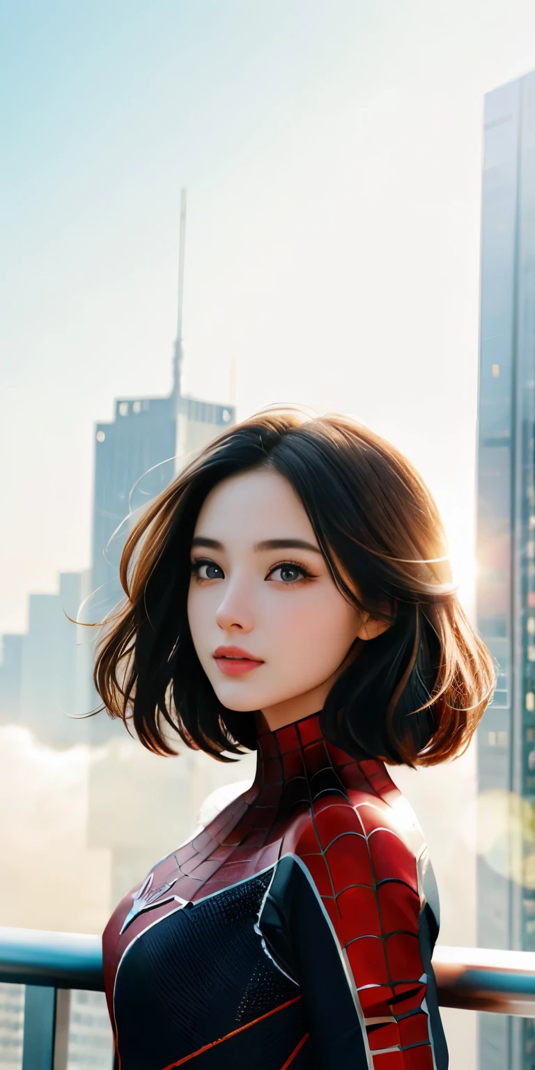 (1 girl:1.3), One, (((Very detailed face)))), ((Very detailed eyes and face)))), beautiful detailed eyes, Body parts__, official art, Unified Wallpaper 8K, Super detailed, Beautiful and Beautiful, Beautiful, masterpiece, Best quality, original, masterpiece, super good photo, Best quality, super high resolution, realistic realism, Sun Ray, full length portrait, amazing beauty, dynamic pose, gentle face, bright eyes, (front), She wears a Spiderman costume., red and black color scheme, spider, highly detailed city roof background, roof, with city view, detailed face, Detailed Complex Busy Background, sloppy, fabulous, milky white, very detailed skin, Realistic skin details, visible pores, clear focus, volumetric fog, 8K UHD, SLR camera, high quality, granularity, Bright skin, photorealism, lomography, a futuristic dystopia metropolis, translucent