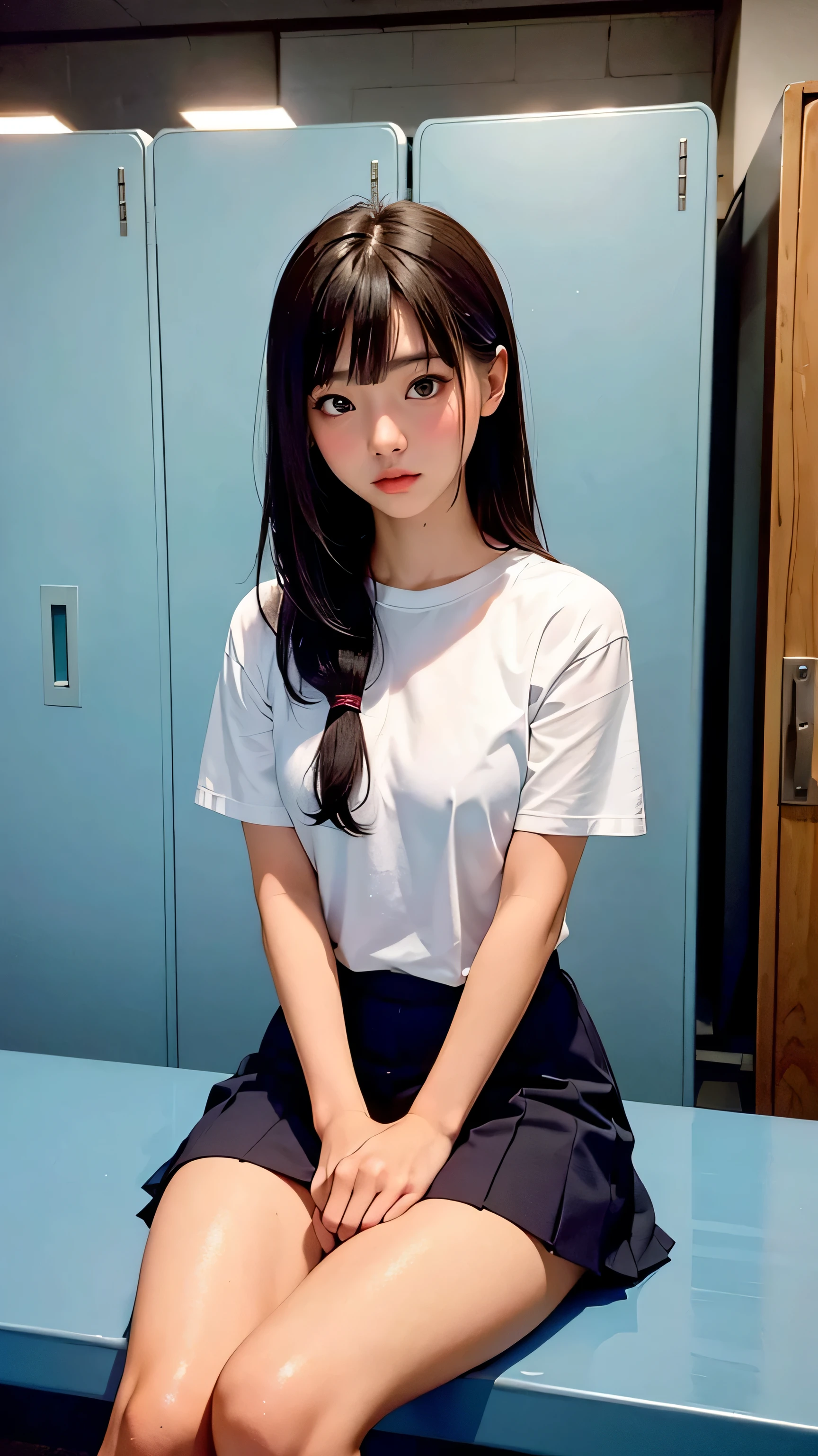 Asian girl, , sitting on a bench in locker room, school girl, 18 years old, small , slim thighs, slim body, 170cm tall, hot, pretty, realistic, 4K