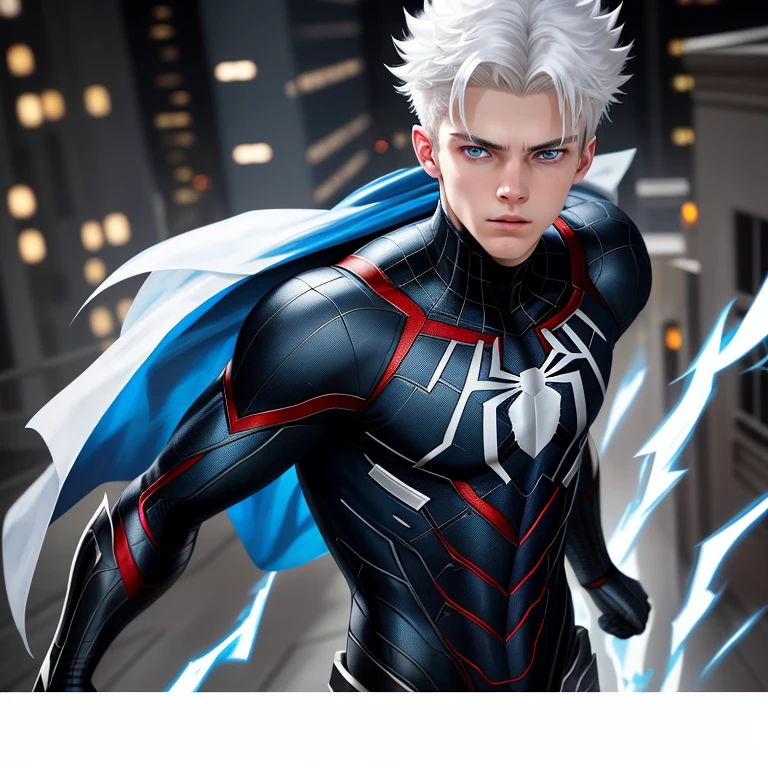 a teenage Boy, 19 years old, white hair, blue eyes, like spider man 8k, high resolution, detailed face, detailed face, detailed eyes, detailed costume, Marvel and DC style, hyper-realistic, + cinematic shooting + dynamic composition, incredibly detailed, sharp, detailed + superb details + night with light + perfectionism + award-winning realism