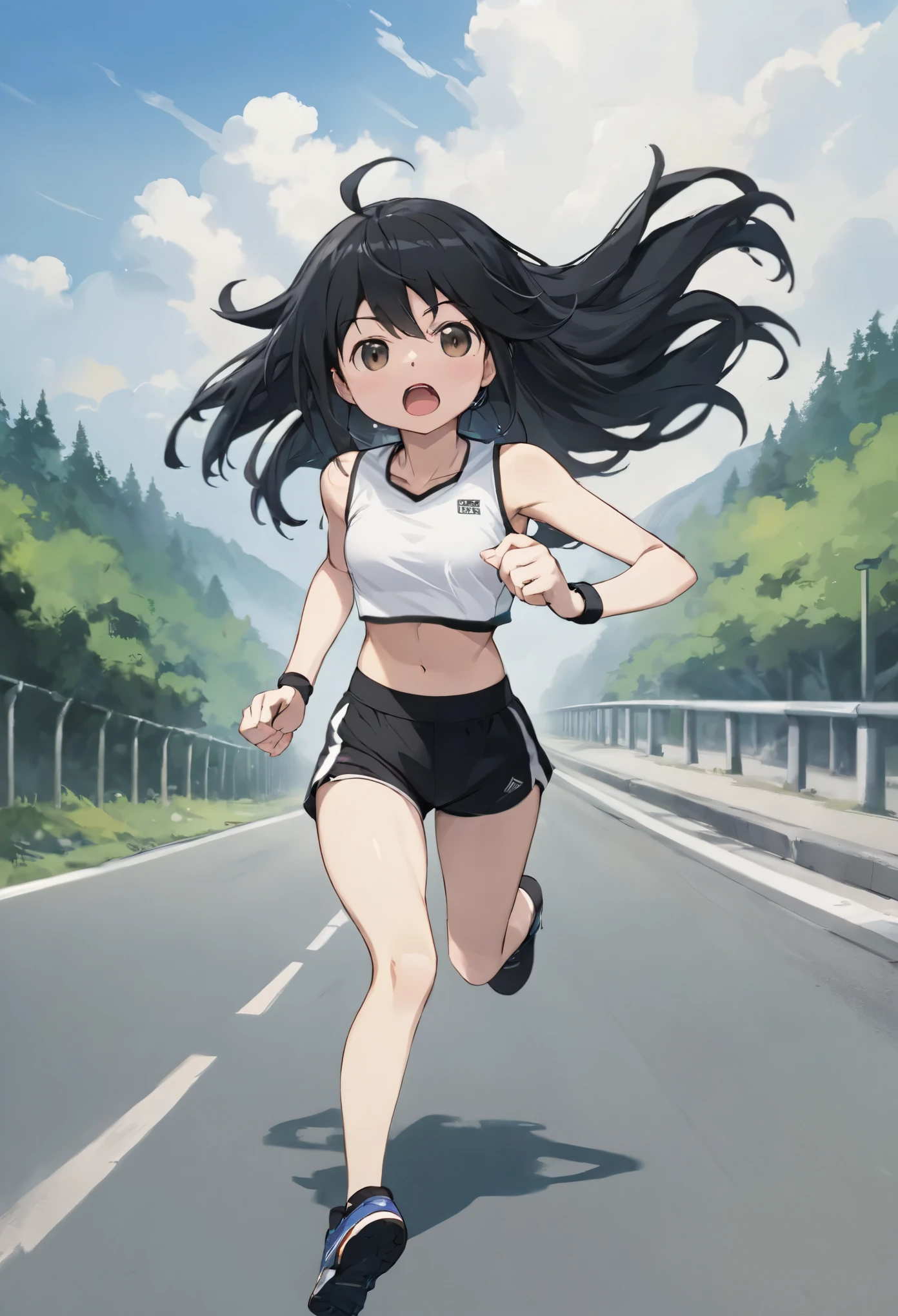 masterpiece, highest quality, High resolution, Will attack, Long Hair, Black Hair, Medium chest, Exposing shoulders, Sportswear, Play sports often, Crop top, White shirt, abdomen, Black Bloomers, Black panties, Thighs, (running:1.2), road, Sweat, Open your mouth,high leg bloomers、