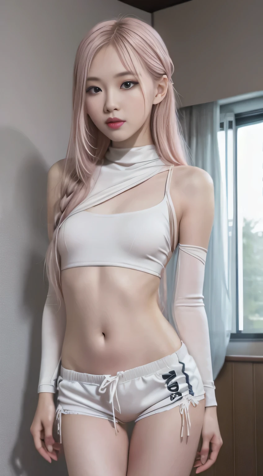 The highest image quality, RAW photos, Ultra-high resolution, Full body shot, Smile gently, 20 years old Korean, small breasts, skinny and thin, White skin, Fair and shiny skin, long flowing hair, Light silver hair, Perfect with bangs, Short T-shirt, track suit, running shorts, beautiful eyes, beautiful eyes of random colors, with very thin lips, Beautiful eyes and details, eyes elongated, Pale pink cheeks, long eyelasher, beautiful double eyelid, eye shadows, beautiful thin legs, Beautiful navel, Beautiful abs, Nice ribs, Training room, gym room