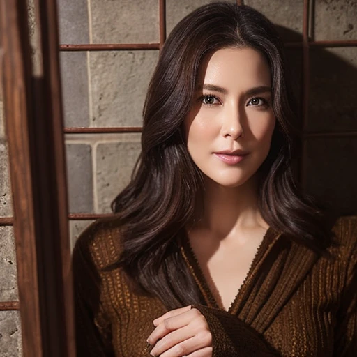 ((highest quality)), ((masterpiece)), (detailed), Beautiful face、woman、43 years old、Supermodel body type、Fantasy、((Imprisoned in the Devil's Den))、Hands tied、Hanging