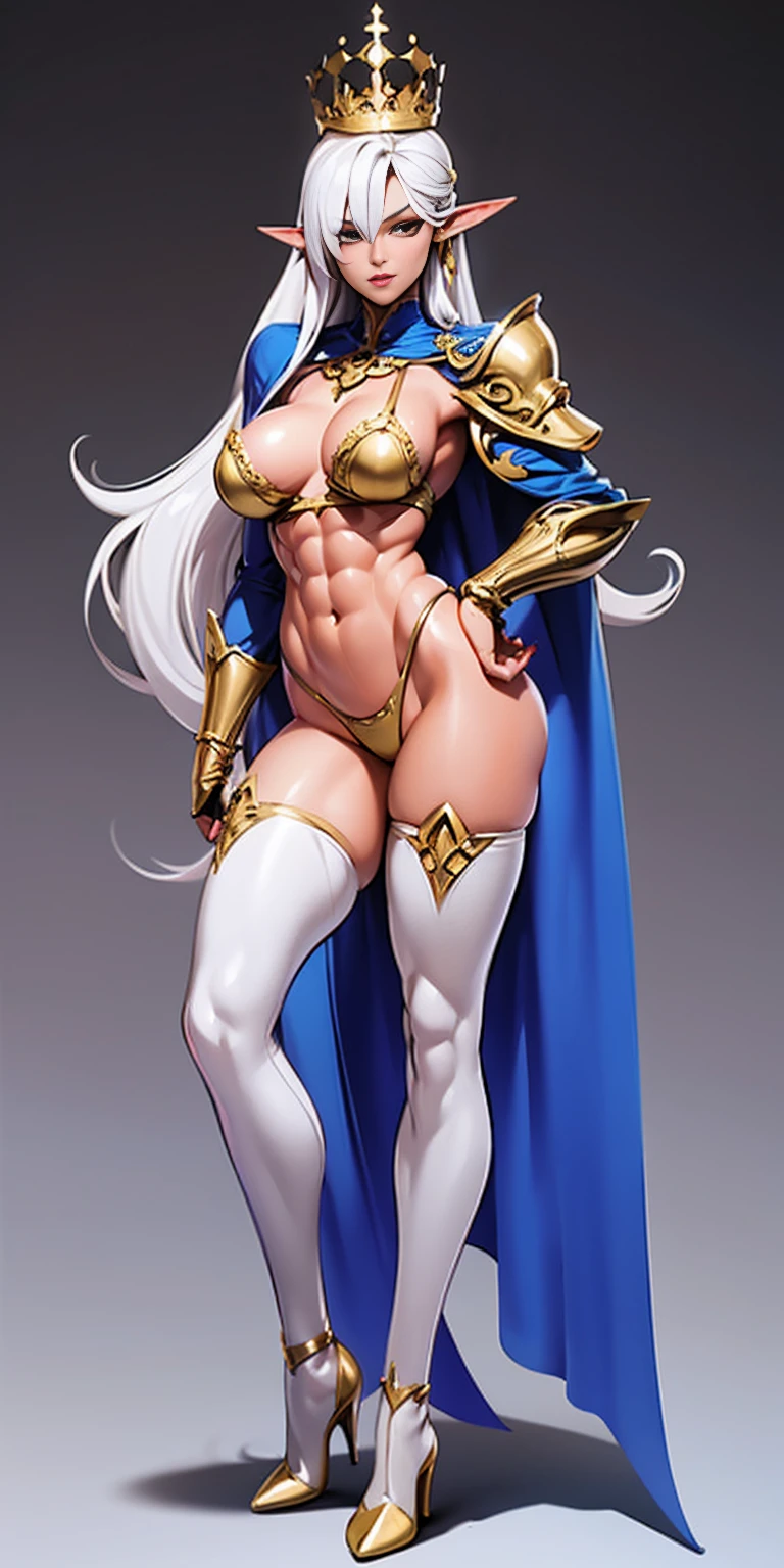 extremely long hair , ponytail, perfect anatomy 1 girl tall solo, slim thick, ((muscular)) high elf toned body, silver breast plate, blue cape, slendered abs, hourglass waist, detailed face, defined cheekbones, puffy lips, gauntlets, gold crown, shadow over eyes, looking at viewer, masterpiece, white thigh highs lingerie, high heels