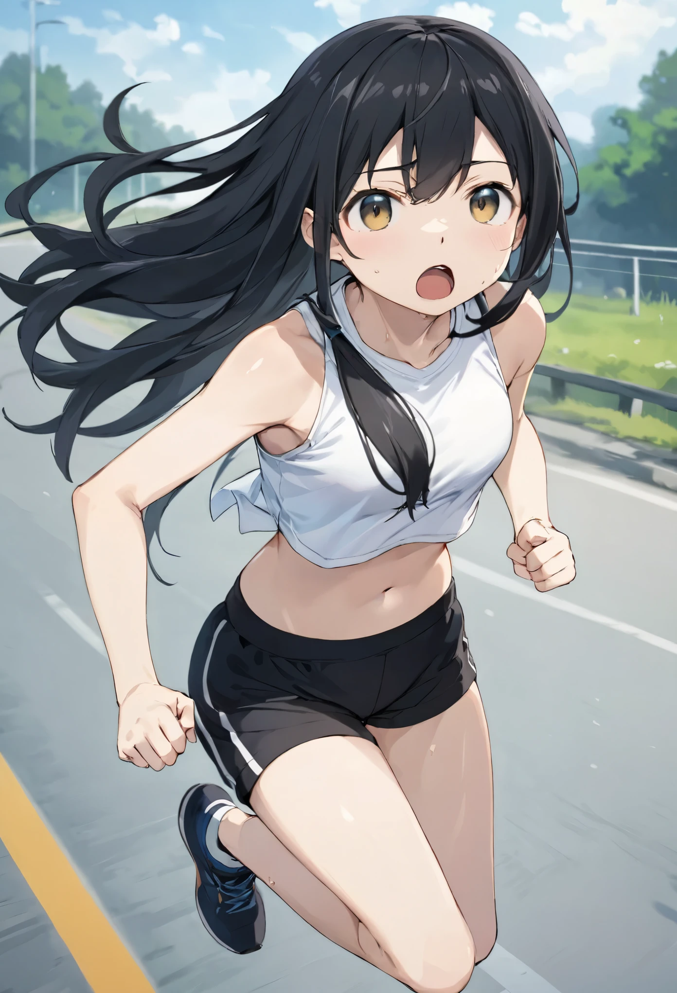 masterpiece, highest quality, High resolution, Will attack, Long Hair, Black Hair, Medium chest, Exposing shoulders, Sportswear, Play sports often, Crop top, White shirt, abdomen, Black Bloomers, Black panties, Thighs, (running:1.2), road, Sweat, Open your mouth,high leg bloomers、