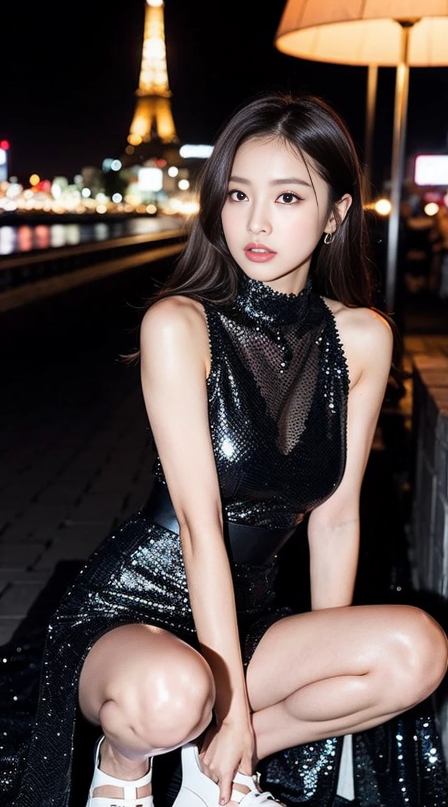 Dark brown hair、Light brown eyes、Japanese actress face、 Lady、I'Iは彼とIが好きです'I'Iは40歳くらいです.、(Intricate details:1.2)、(Which is the top???:1.4)、 (Ultra-high resolution:1.2)、Ultra-high resolution、(Finely tuned)、(Detailed facial features)、Hmph、8k resolution、D cup size breasts、Long Hair、night setting、Large windows、Extravagant space、relax、、,全身photograph、Head to toe shot、Beautiful feet、Cosplay、Street fashion、black pink・Jenny I took this photo with the image of、black pink look like Jenny、black pink Angle like Jenny'photograph、black pink Jenny'stop temporarily、black pink stop temporarily like Jenny、black one piece、Street fashion、Beautiful feet、she, Fashion Hub, Extremely detailed, Very detailed, Realistic, Hourglass Shaped Body, obscene stop temporarily,please lift your chin..、Open your mouth a little、black pink Jenny''s Instagram、With the sparkling night view as a backdrop、Lit from behind、Heeled Sandals、