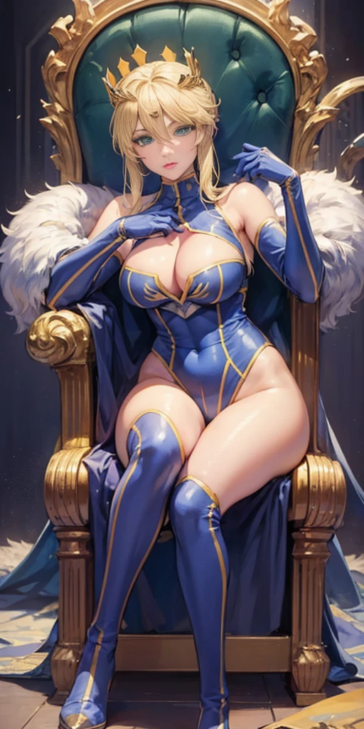 Lancer Artoria, elegant adult female, blonde, green eyes, (yellow eyelashes), crown, turtleneck, cleavage cutout, sleeveless, blue leotard, elbow gloves, gauntlets, blue thigh, elegantly (sit on throne), throne room, close-up protrait, high resolution, extremely detail 8k cg, yellow bikini (yellow tiger stripes)