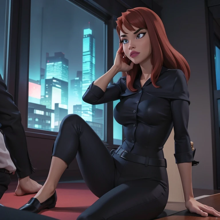 Drawing of a man and a woman, sitting at a table, The man is dressed in a shirt and black pants, black shoes, The brunette is dressed in a long red silk sheet, barefoot and sitting on the table, Background: Modern office, Large window with blinds, Outside the window is a city with skyscrapers, graphically, neon signage, The office of the future, Nanotechnology, Hyper-realistic, Detailed, romance novel cover