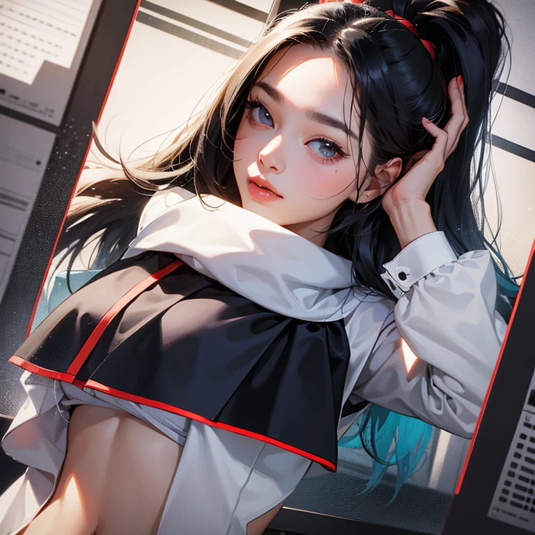 (8k, RAW Photos, highest quality, masterpiece:1.2), All right., One girl, 3D, Asian, 前hair, just_shoulders, , chest, black_eye, black_hair, chestの谷間, Schoolyard, lips, length_hair, length_sleeve, Looking_in_Audience, Moderate_chest, belly button, nose, off_ shoulder, Open_Clothes, Open_shirt, uniform, high school student, length black hair, Schoolyard, sailor uniform, , Genuine, upper_body, Shiny skin, beautiful delicine face, beautiful delicine eye, (Genuine, photo Genuine: 1), mini skirt 、((両手in大腿を支えて足を開く:1.5))、