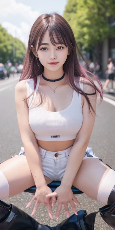 (masterpiece: 1.6, 最high quality), (Beautiful and beautiful eyes: 1.2), (overhead), high quality, Beautiful Face, One girl, Wide Shot, Black crop top, Shiny Leather Shiny Shorts, Long Leather Jacket, Open shoulders, Pink Hair, big , Long Hair, Wide Hips, (scenery), street, background, Detail background, Creepy Smile, An awkward smile appeared at the corner of his mouth.,、((Support your thighs with both hands and spread your legs:1.5))、