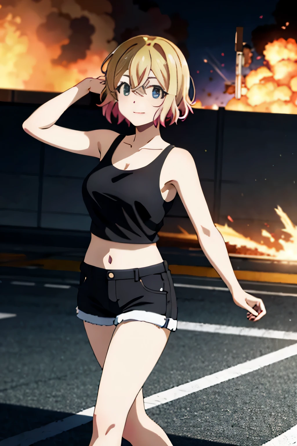 mami nanami, short hair, aqua eyes, blonde hair, hair between eyes,1 female、At night、whole body、smile、Black tank top、sexy black shorts、female thief、fence、Big Explosion、Military base exploding in flames