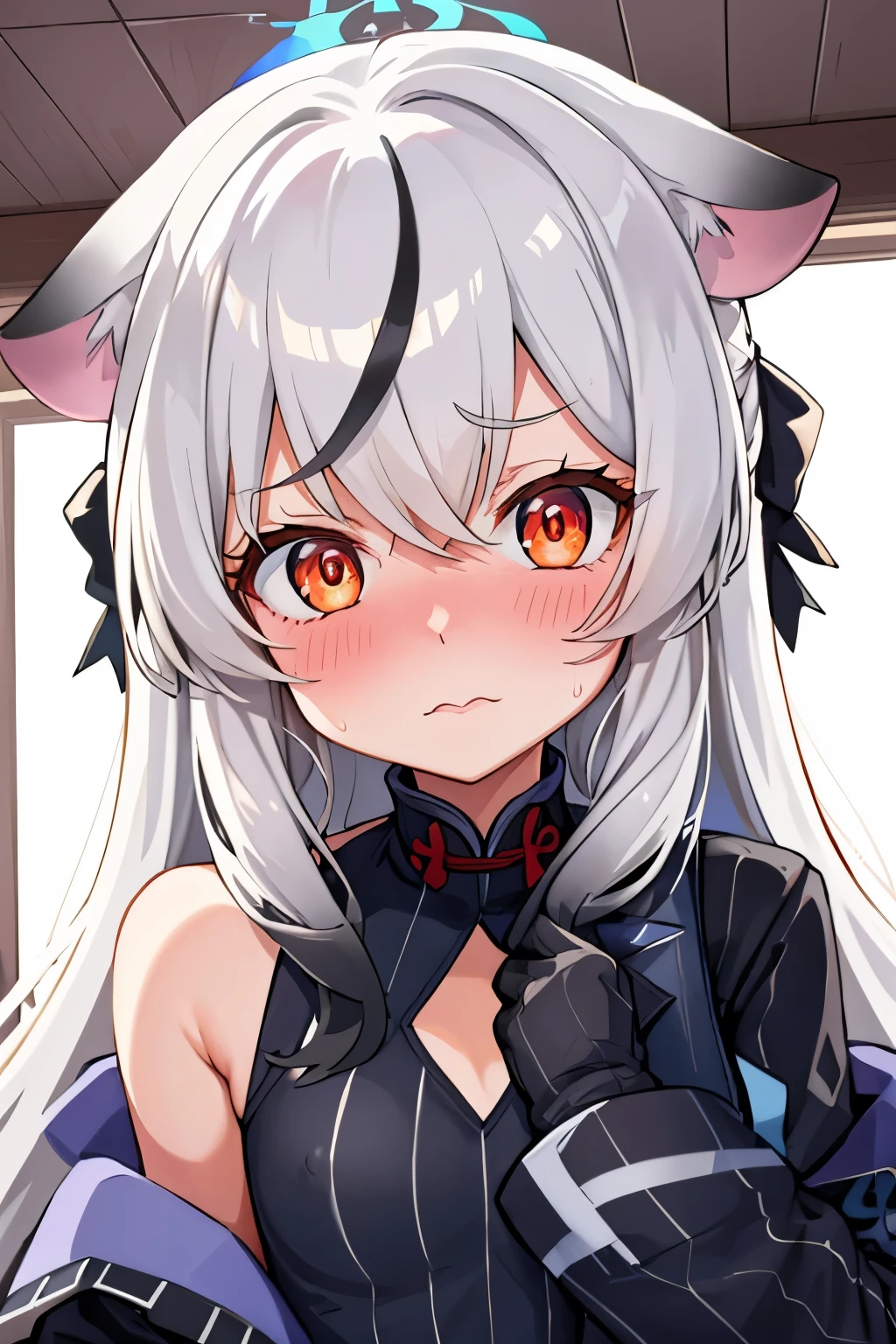 1girl, kokona, indoors, orange eyes, white hair, :3 mouth, embarrassed, beautiful eyes, beautiful lips, shiny lips, extremely detailed eyes and face, long eyelashes, close-up, warm lighting, vibrant colors, looking at the viewer, embarrassed look, blush, Winter suit, winter wonder