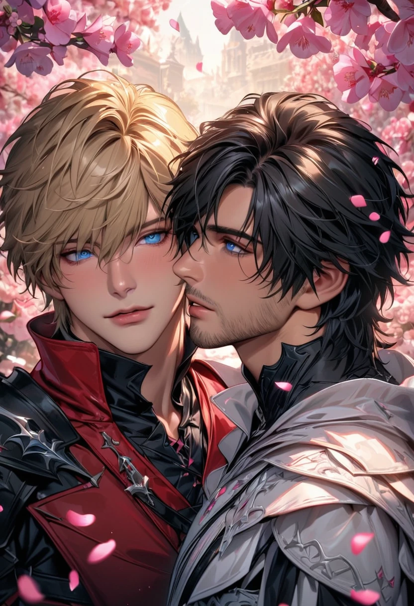 absurdres, highres, ultra detailed, HDR, master piece, best quality, Clive Rosfield, black hair, expressive blue eyes, Final Fantasy XVI, Joshua Rosfield, blond hair, expressive blue eyes, 2men together, gay, handsome, black and red clothes, pink petals, pink butterflies, pink flowers, pink butterflies, blossoms